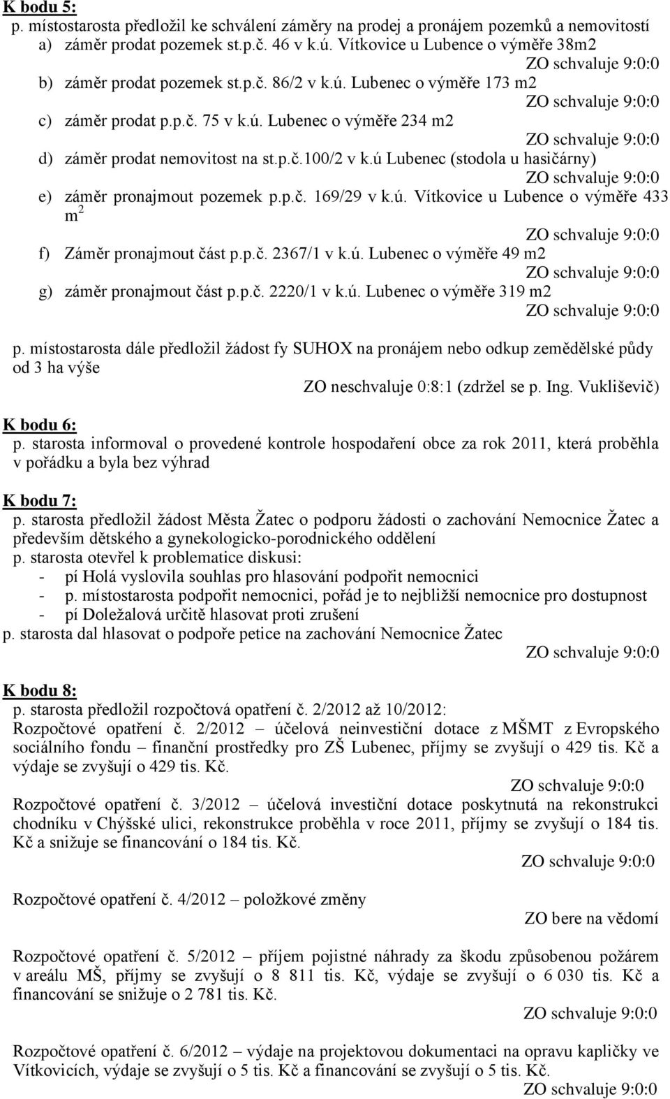 ú Lubenec (stodola u hasičárny) e) záměr pronajmout pozemek p.p.č. 169/29 v k.ú. Vítkovice u Lubence o výměře 433 m 2 f) Záměr pronajmout část p.p.č. 2367/1 v k.ú. Lubenec o výměře 49 m2 g) záměr pronajmout část p.