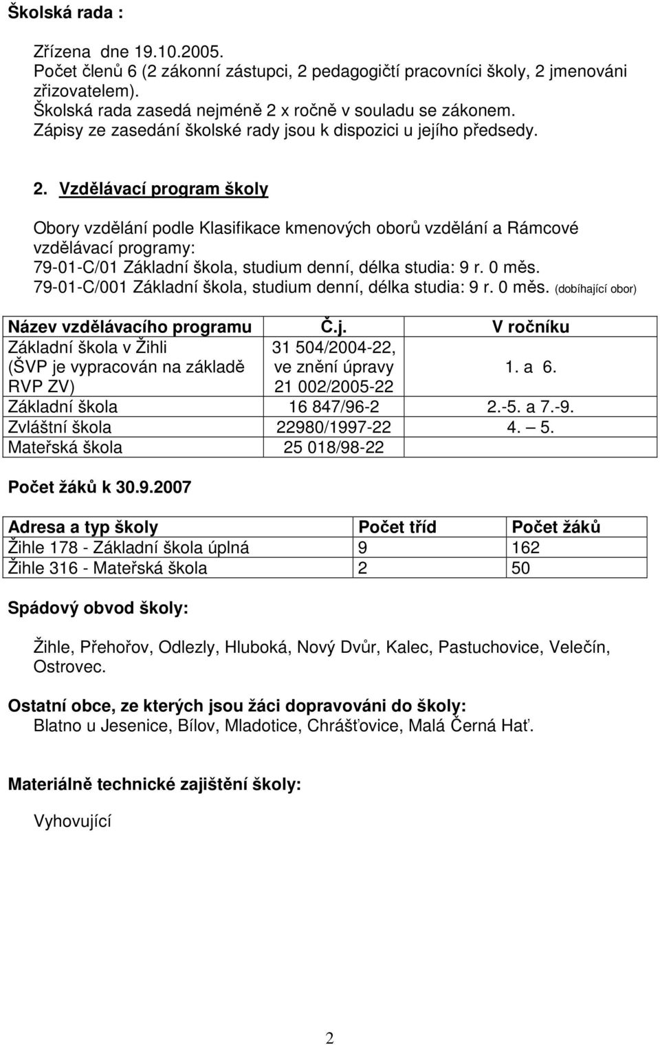 Vzdělávací program školy Obory vzdělání podle Klasifikace kmenových oborů vzdělání a Rámcové vzdělávací programy: 79-01-C/01 Základní škola, studium denní, délka studia: 9 r. 0 měs.