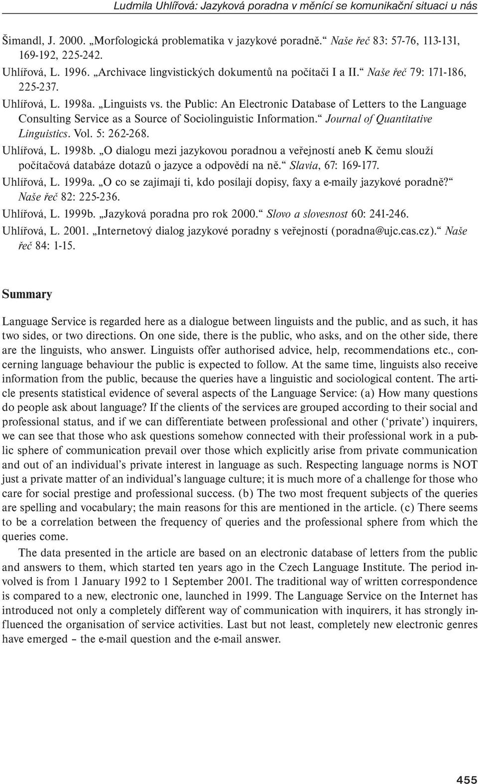 the Public: An Electronic Database of Letters to the Language Consulting Service as a Source of Sociolinguistic Information. Journal of Quantitative Linguistics. Vol. 5: 262-268. Uhlířová, L. 1998b.