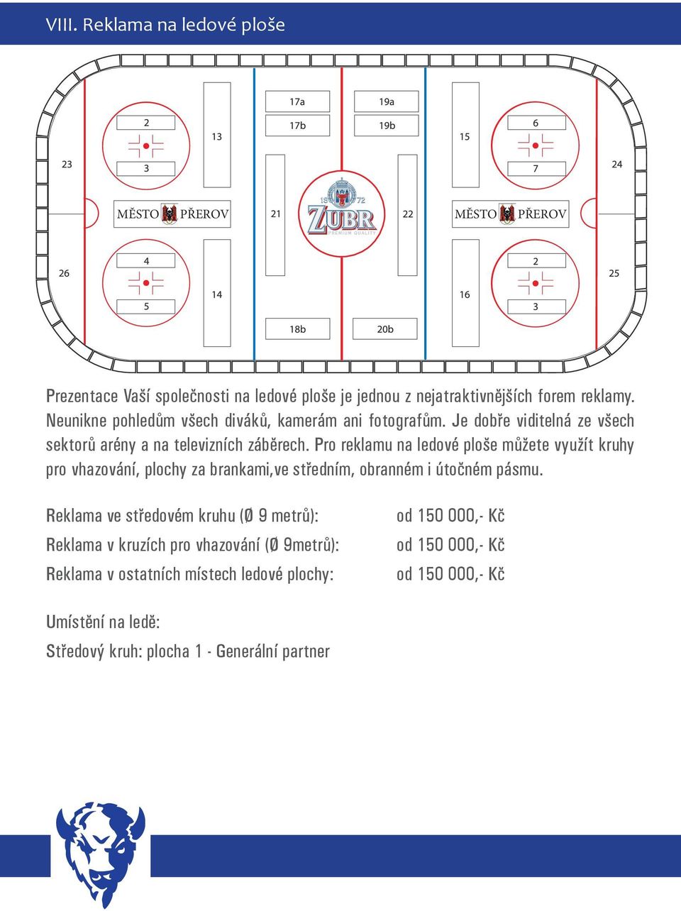 Pro reklamu na ledové ploše můžete využít kruhy pro vhazování, plochy za brankami,ve středním, obranném i útočném pásmu.