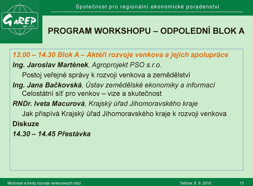 Jana Bačkovská, Ústav zemědělské ekonomiky a informací Celostátní síť pro venkov vize a skutečnost RNDr.