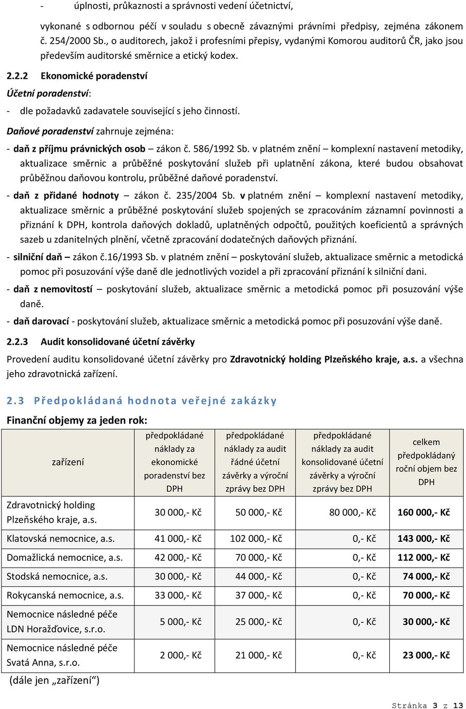 2.2 Ekonomické poradenství Účetní poradenství: - dle požadavků zadavatele související s jeho činností. Daňové poradenství zahrnuje zejména: - daň z příjmu právnických osob zákon č. 586/1992 Sb.