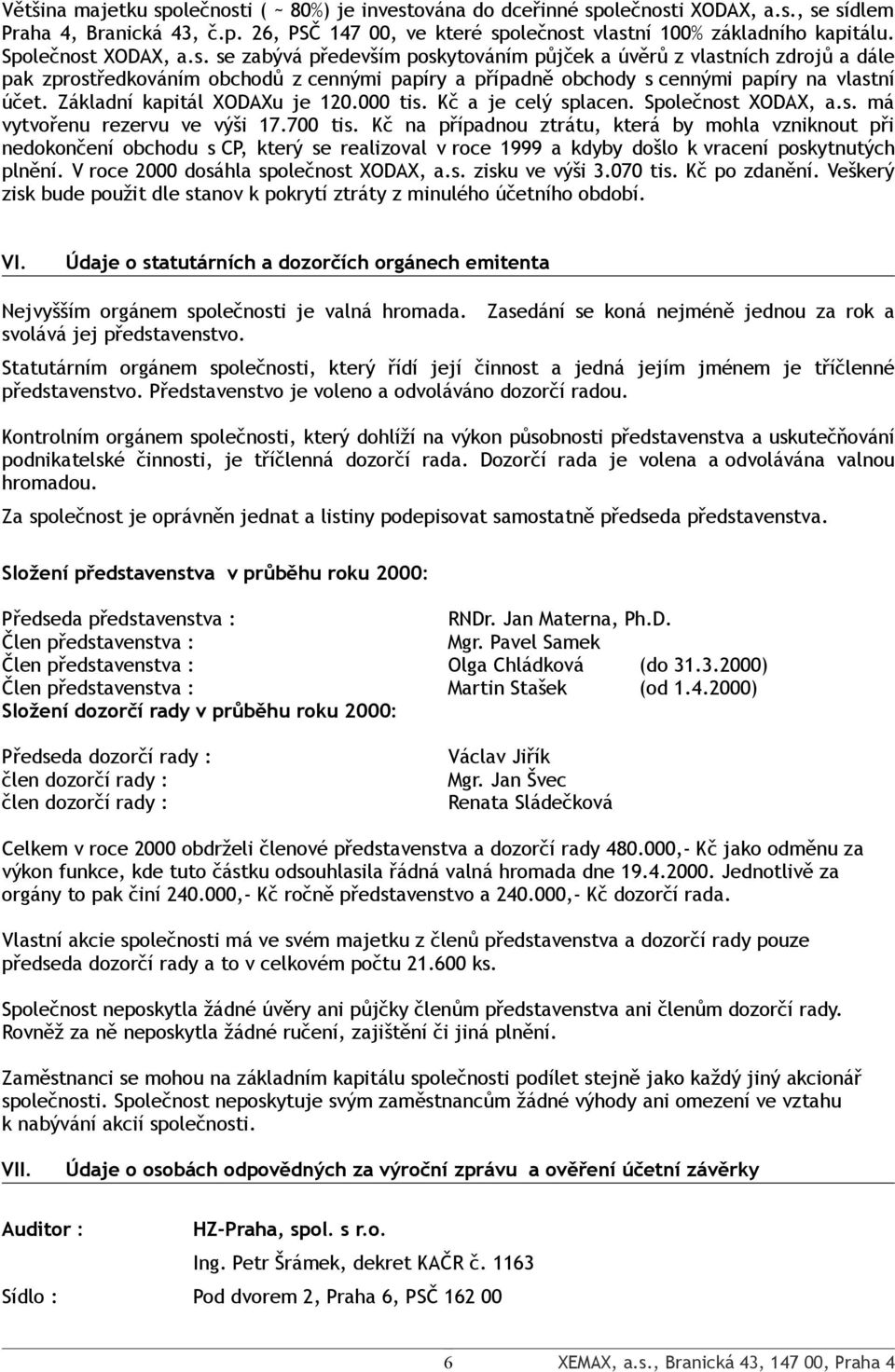 Základní kapitál XODAXu je 120.000 tis. Kč a je celý splacen. Společnost XODAX, a.s. má vytvořenu rezervu ve výši 17.700 tis.