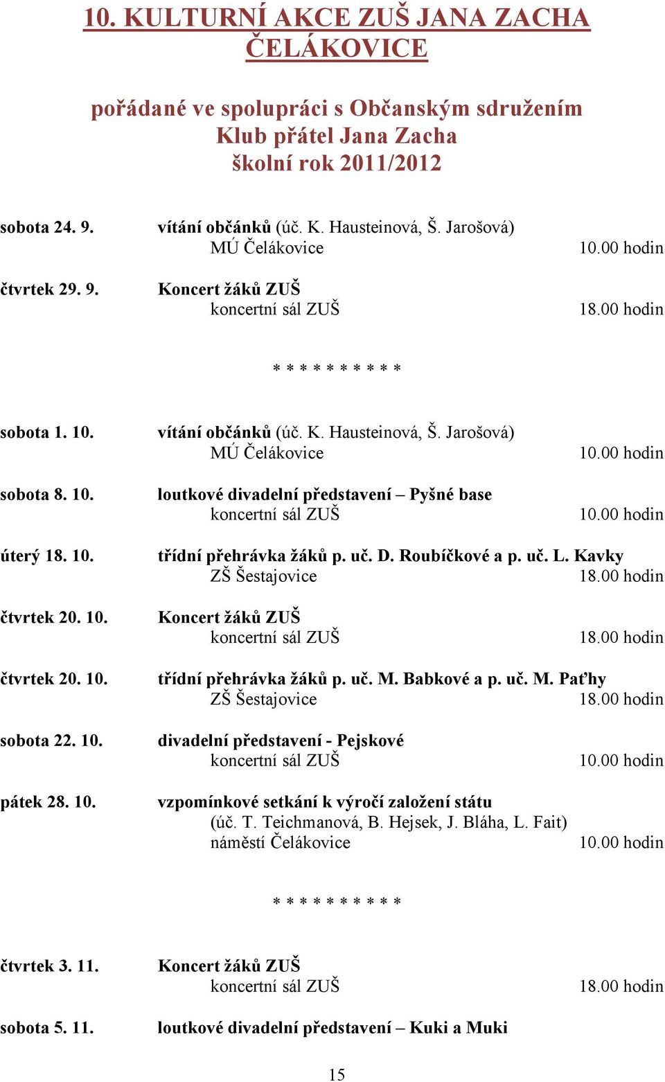 uč. D. Roubíčkové a p. uč. L. Kavky ZŠ Šestajovice čtvrtek 20. 10. čtvrtek 20. 10. třídní přehrávka žáků p. uč. M. Babkové a p. uč. M. Paťhy ZŠ Šestajovice sobota 22. 10. pátek 28. 10. divadelní představení - Pejskové vzpomínkové setkání k výročí založení státu (úč.