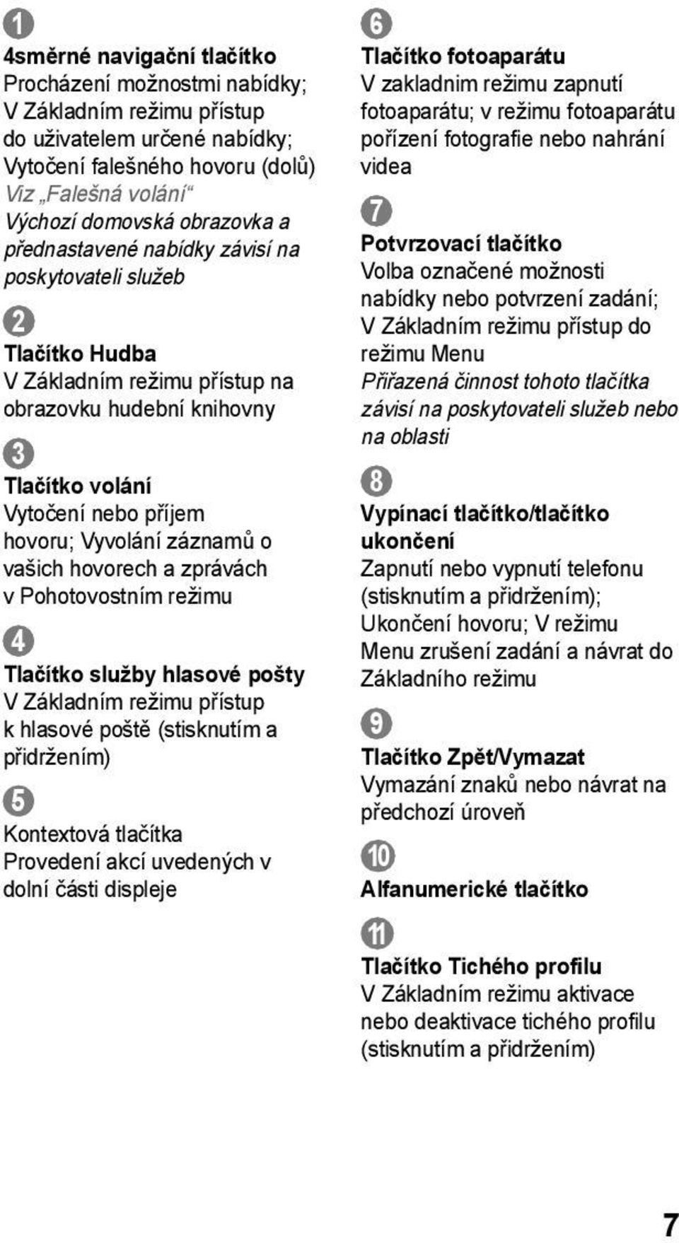 hovorech a zprávách v Pohotovostním režimu 4 Tlačítko služby hlasové pošty V Základním režimu přístup k hlasové poště (stisknutím a přidržením) 5 Kontextová tlačítka Provedení akcí uvedených v dolní