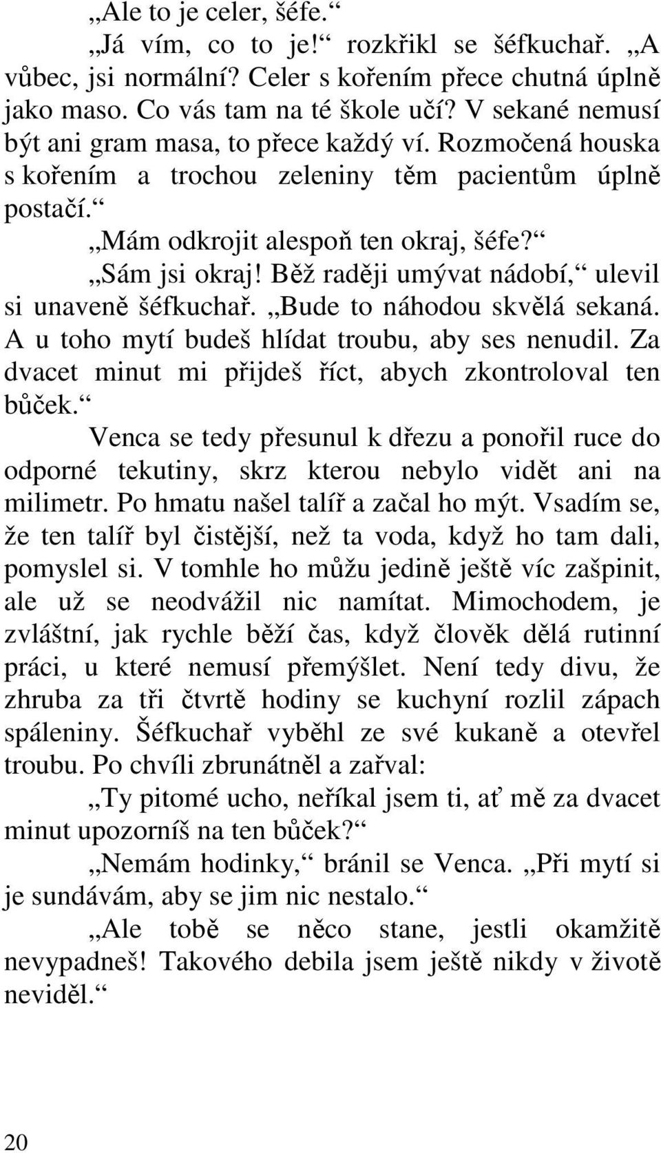 Běž raději umývat nádobí, ulevil si unaveně šéfkuchař. Bude to náhodou skvělá sekaná. A u toho mytí budeš hlídat troubu, aby ses nenudil. Za dvacet minut mi přijdeš říct, abych zkontroloval ten bůček.