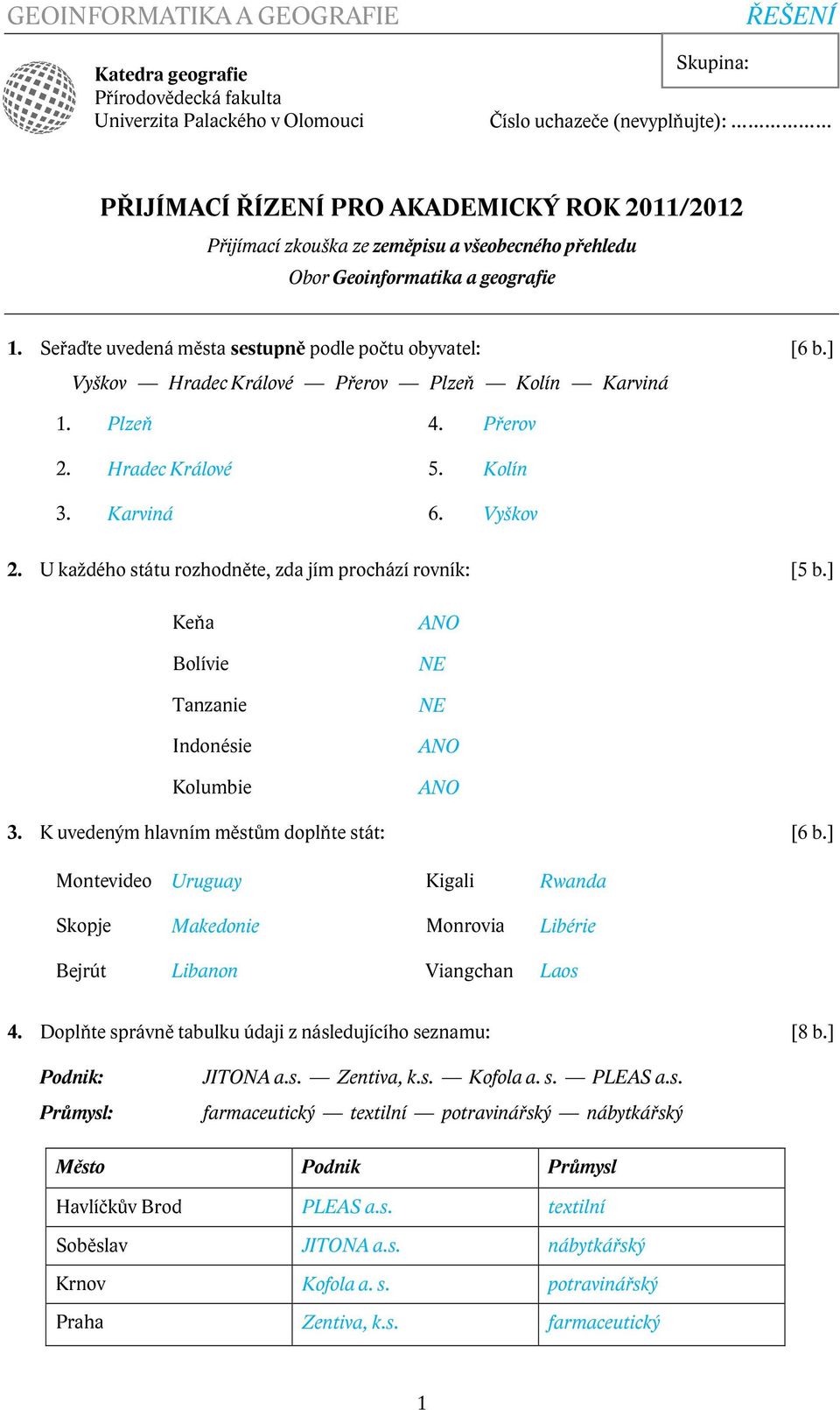 Hradec Králové 5. Kolín 3. Karviná 6. Vyškov 2. U každého státu rozhodněte, zda jím prochází rovník: [5 b.] Keňa Bolívie Tanzanie Indonésie Kolumbie NE NE 3.