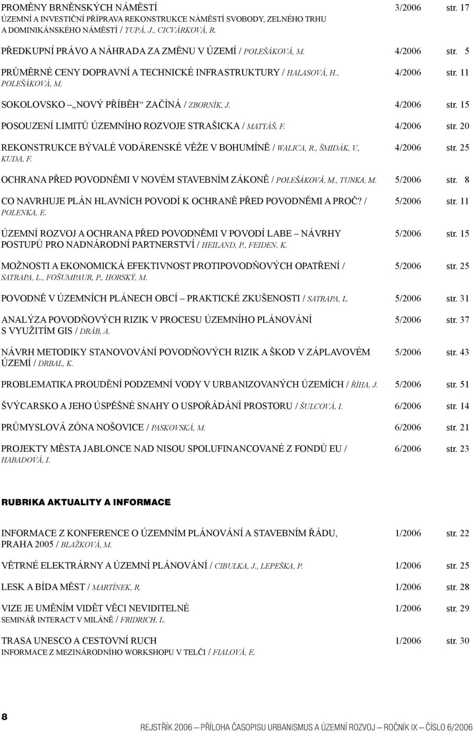 4/2006 str. 15 posouzení limitů územního rozvoje strašicka / MATYÁŠ, F. 4/2006 str. 20 REKONSTRUKCE BÝVALÉ VODÁRENSKÉ VĚŽE V BOHUMÍNĚ / WALICA, R., ŠMIDÁK, V., KUDA, F. 4/2006 str. 25 ochrana před povodněmi v novém stavebním zákoně / polešáková, m.
