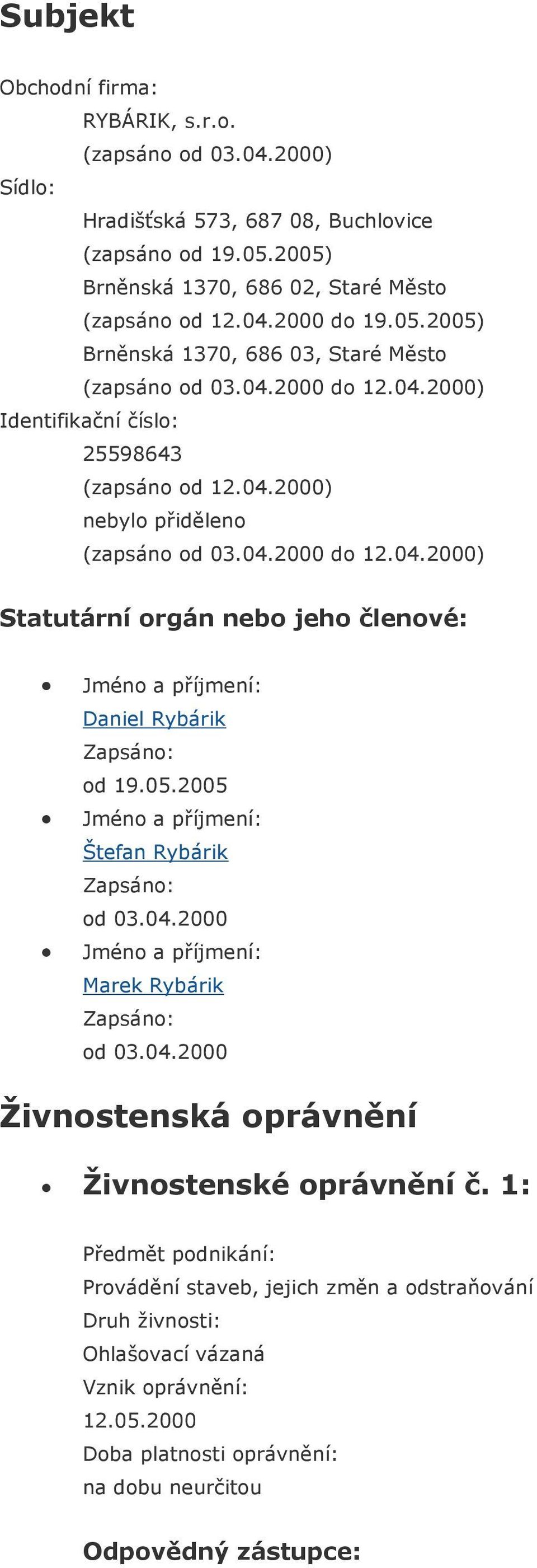 05.2005 Štefan Rybárik Zapsáno: od 03.04.2000 Marek Rybárik Zapsáno: od 03.04.2000 Živnostenská oprávnění Živnostenské oprávnění č.