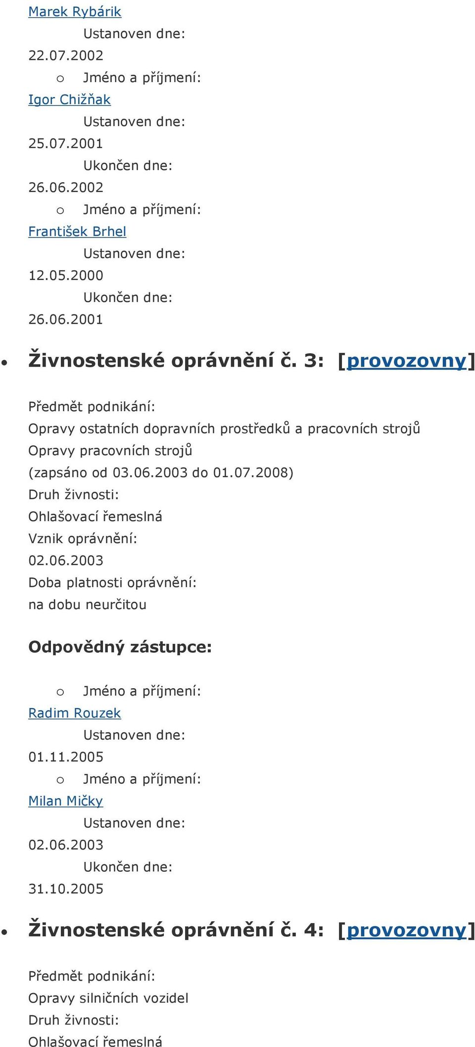 03.06.2003 do 01.07.2008) Ohlašovací řemeslná Doba platnosti oprávnění: na dobu neurčitou Radim Rouzek 01.11.