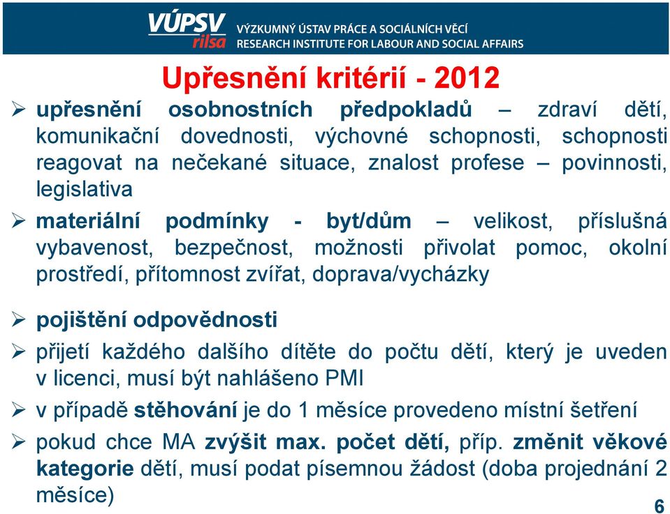 přítomnost zvířat, doprava/vycházky pojištění odpovědnosti přijetí každého dalšího dítěte do počtu dětí, který je uveden v licenci, musí být nahlášeno PMI v případě