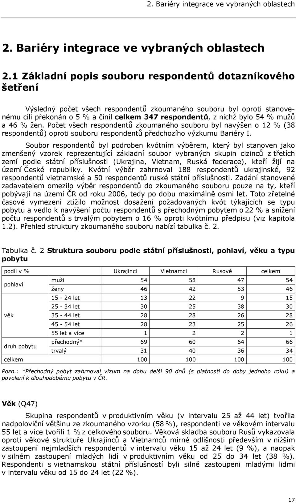 1 Základní popis souboru respondentů dotazníkového šetření Výsledný počet všech respondentů zkoumaného souboru byl oproti stanovenému cíli překonán o 5 % a činil celkem 347 respondentů, z nichž bylo