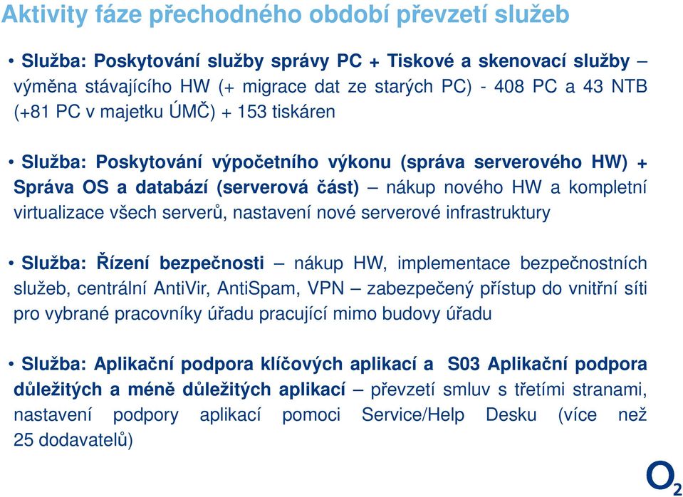 nové serverové infrastruktury Služba: Řízení bezpečnosti nákup HW, implementace bezpečnostních služeb, centrální AntiVir, AntiSpam, VPN zabezpečený přístup do vnitřní síti pro vybrané pracovníky