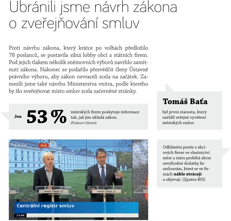 Zamezili jsme také návrhu Ministerstva vnitra, podle kterého by šlo zveřejňovat místo smluv zcela začerněné stránky. Jen 53 % městských firem poskytuje informace tak, jak jim ukládá zákon.