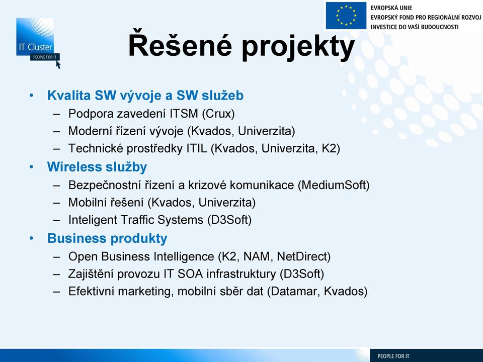 Mobilní řešení (Kvados, Univerzita) Inteligent Traffic Systems (D3Soft) Business produkty Open Business Intelligence