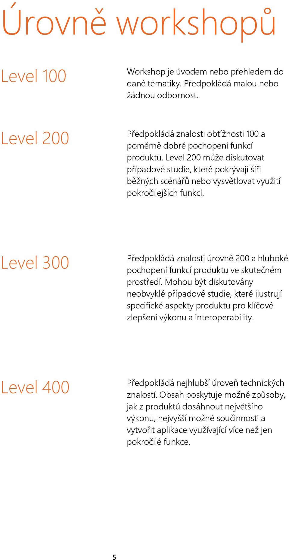 Level 200 může diskutovat případové studie, které pokrývají šíři běžných scénářů nebo vysvětlovat využití pokročilejších funkcí.