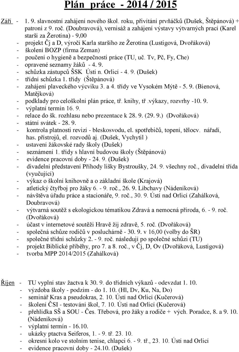 poučení o hygieně a bezpečnosti práce (TU, uč. Tv, Pč, Fy, Che) - opravené seznamy žáků - 4. 9. - schůzka zástupců ŠSK Ústí n. Orlicí - 4. 9. (Dušek) - třídní schůzka 1.