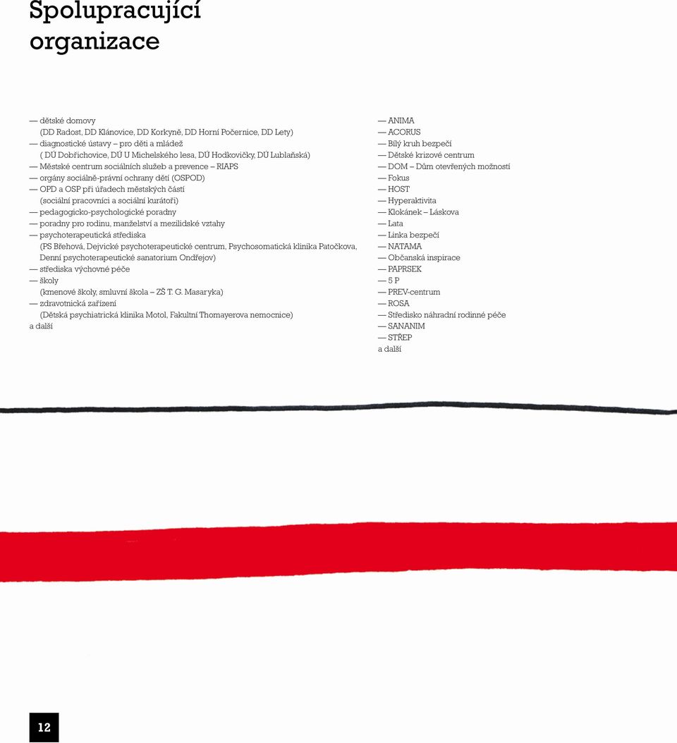 kurátoři) pedagogicko-psychologické poradny poradny pro rodinu, manželství a mezilidské vztahy psychoterapeutická střediska (PS Břehová, Dejvické psychoterapeutické centrum, Psychosomatická klinika