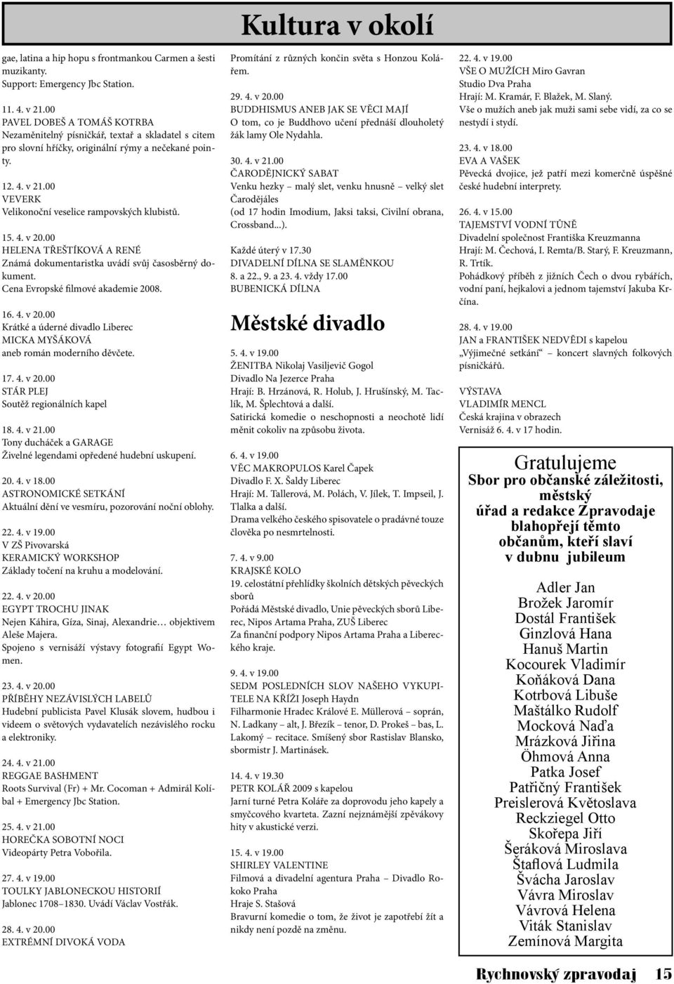 15. 4. v 20.00 HELENA TŘEŠTÍKOVÁ A RENÉ Známá dokumentaristka uvádí svůj časosběrný dokument. Cena Evropské filmové akademie 2008. 16. 4. v 20.00 Krátké a úderné divadlo Liberec MICKA MYŠÁKOVÁ aneb román moderního děvčete.