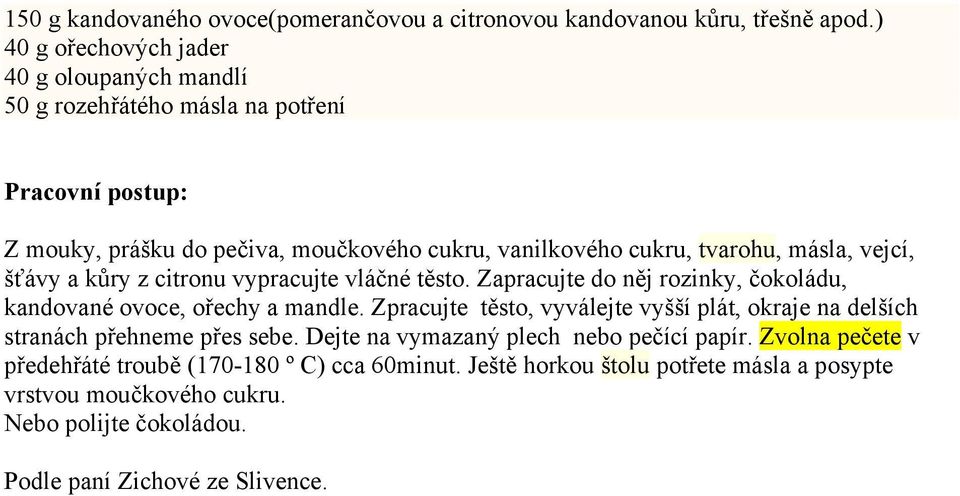 šťávy a kůry z citronu vypracujte vláčné těsto. Zapracujte do něj rozinky, čokoládu, kandované ovoce, ořechy a mandle.