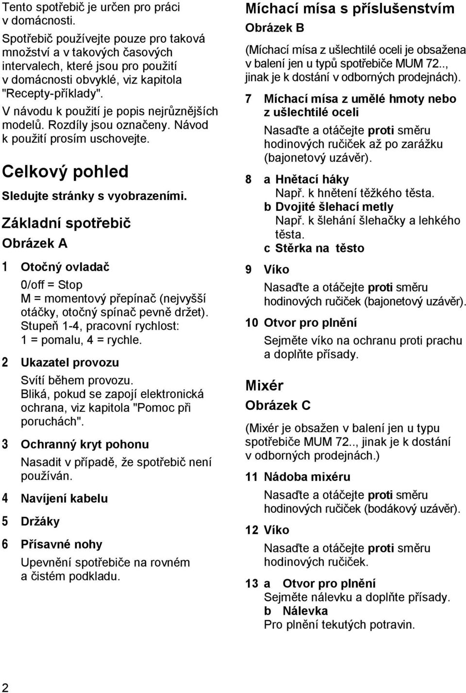 V návodu k použití je popis nejrůznějších modelů. Rozdíly jsou označeny. Návod k použití prosím uschovejte. Celkový pohled Sledujte stránky s vyobrazeními.