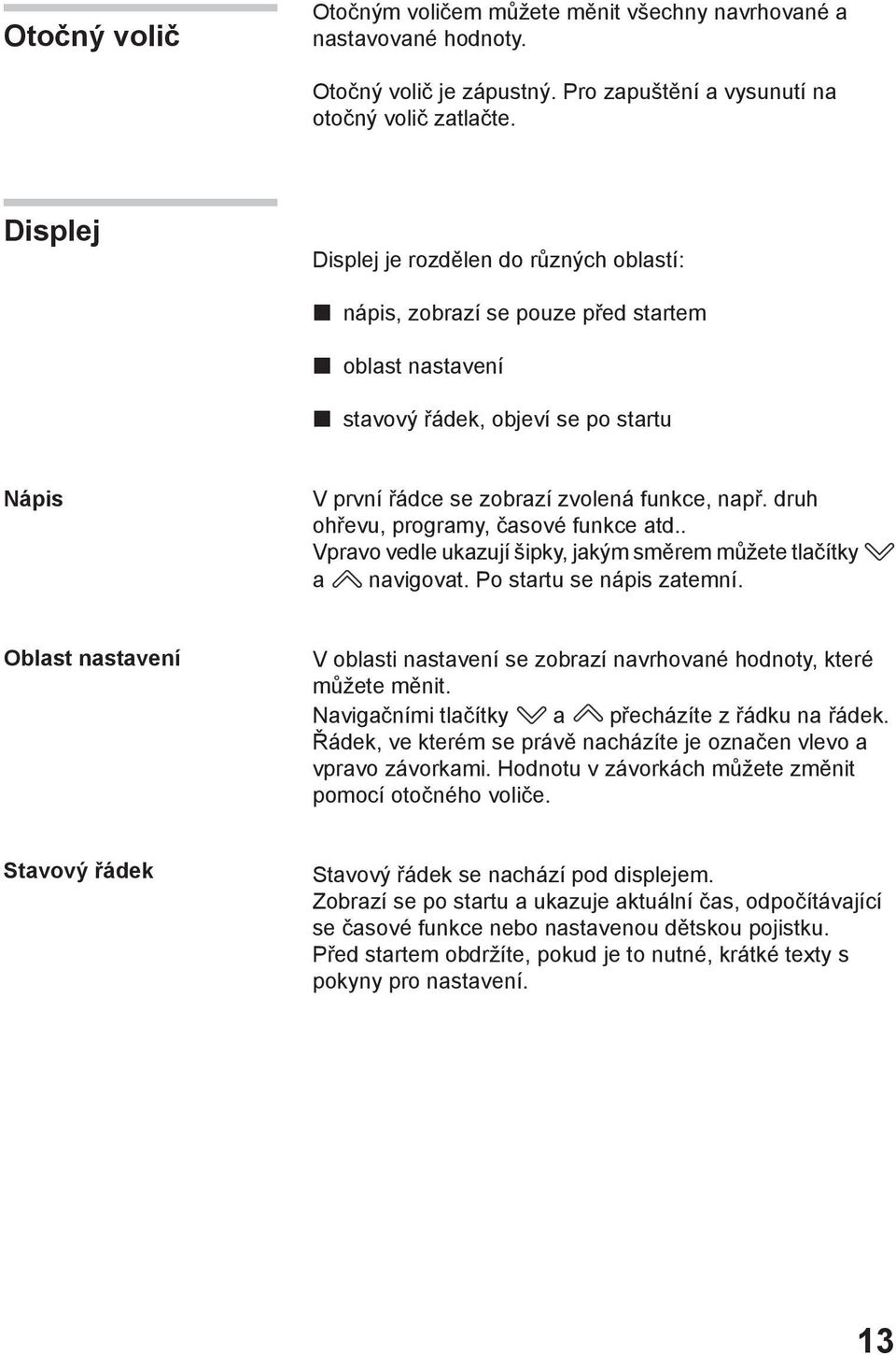 druh ohřevu, programy, časové funkce atd.. Vpravo vedle ukazují šipky, jakým směrem můžete tlačítky a navigovat. Po startu se nápis zatemní.