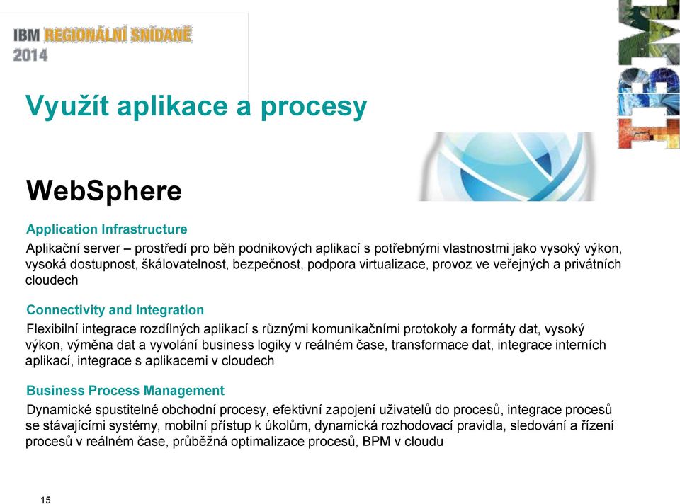 vysoký výkon, výměna dat a vyvolání business logiky v reálném čase, transformace dat, integrace interních aplikací, integrace s aplikacemi v cloudech Business Process Management Dynamické spustitelné