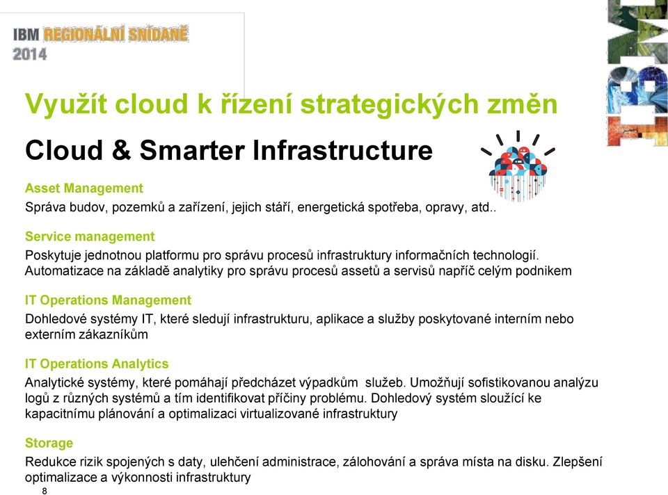 Automatizace na základě analytiky pro správu procesů assetů a servisů napříč celým podnikem IT Operations Management Dohledové systémy IT, které sledují infrastrukturu, aplikace a služby poskytované