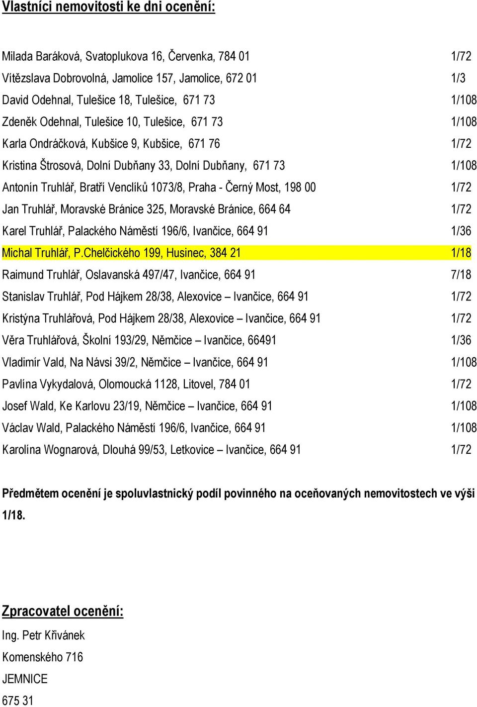 Venclíků 1073/8, Praha - Černý Most, 198 00 1/72 Jan Truhlář, Moravské Bránice 325, Moravské Bránice, 664 64 1/72 Karel Truhlář, Palackého Náměstí 196/6, Ivančice, 664 91 1/36 Michal Truhlář, P.