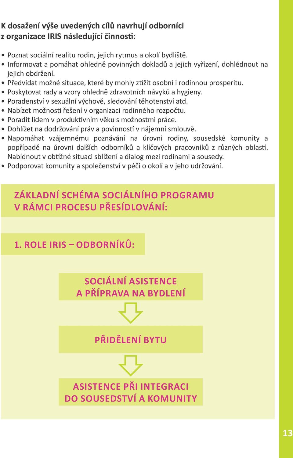 Poskytovat rady a vzory ohledně zdravotních návyků a hygieny. Poradenství v sexuální výchově, sledování těhotenství atd. Nabízet možnosti řešení v organizaci rodinného rozpočtu.