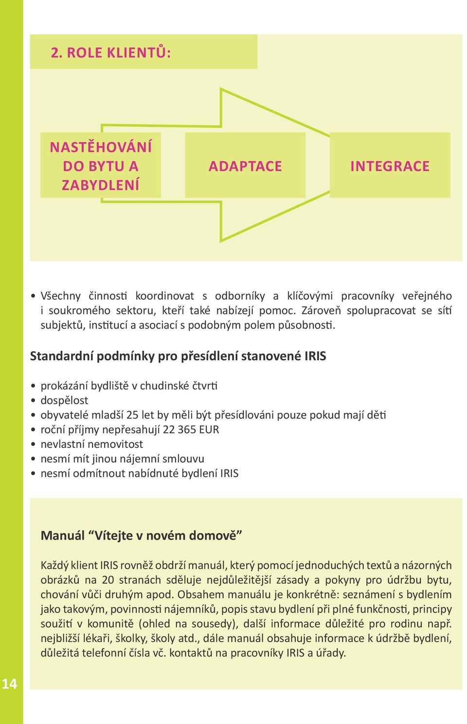 Standardní podmínky pro přesídlení stanovené IRIS prokázání bydliště v chudinské čtvrti dospělost obyvatelé mladší 25 let by měli být přesídlováni pouze pokud mají děti roční příjmy nepřesahují 22