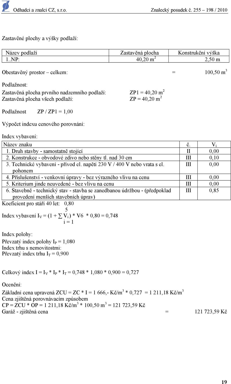 ZP1 = 1,00 Výpočet indexu cenového porovnání: Index vybavení: Název znaku č. V i 1. Druh stavby - samostatně stojící II 0,00 2. Konstrukce - obvodové zdivo nebo stěny tl. nad 30 cm III 0,10 3.