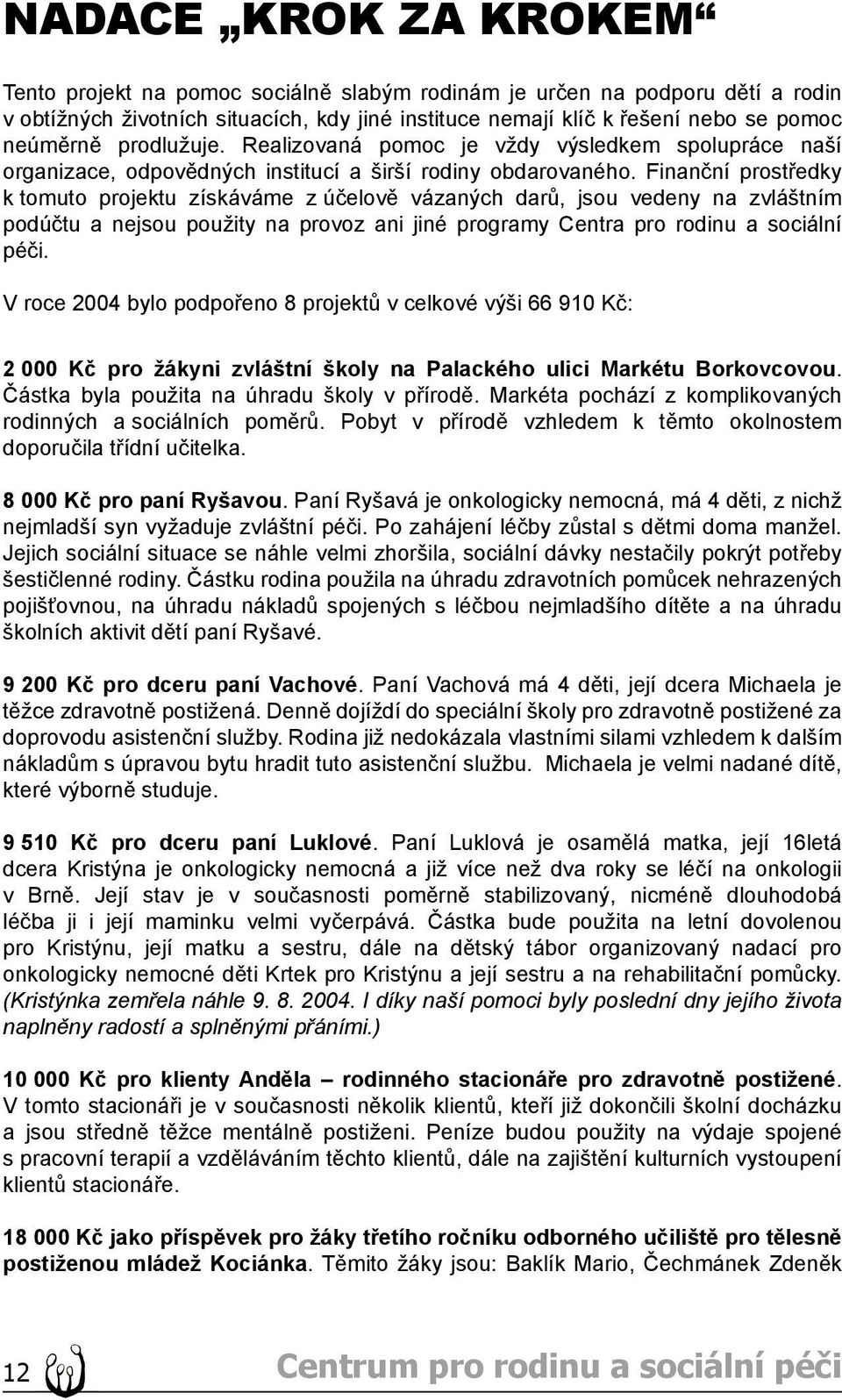 Finanční prostředky k tomuto projektu získáváme z účelově vázaných darů, jsou vedeny na zvláštním podúčtu a nejsou použity na provoz ani jiné programy Centra pro rodinu a sociální péči.