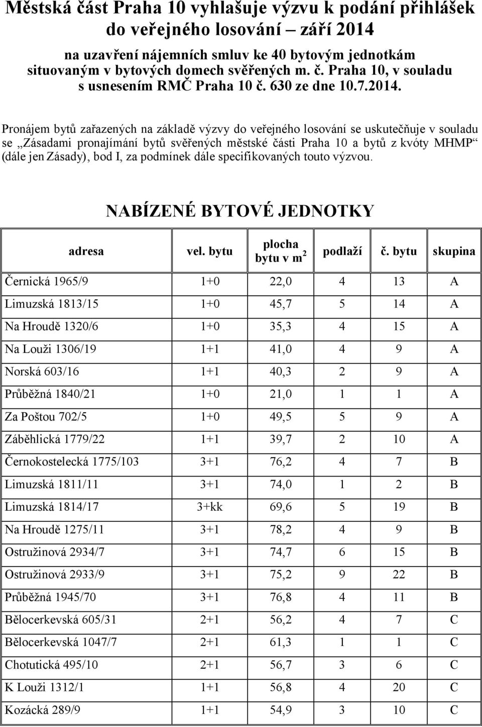 Pronájem bytů zařazených na základě výzvy do veřejného losování se uskutečňuje v souladu se Zásadami pronajímání bytů svěřených městské části Praha 10 a bytů z kvóty MHMP (dále jen Zásady), bod I, za