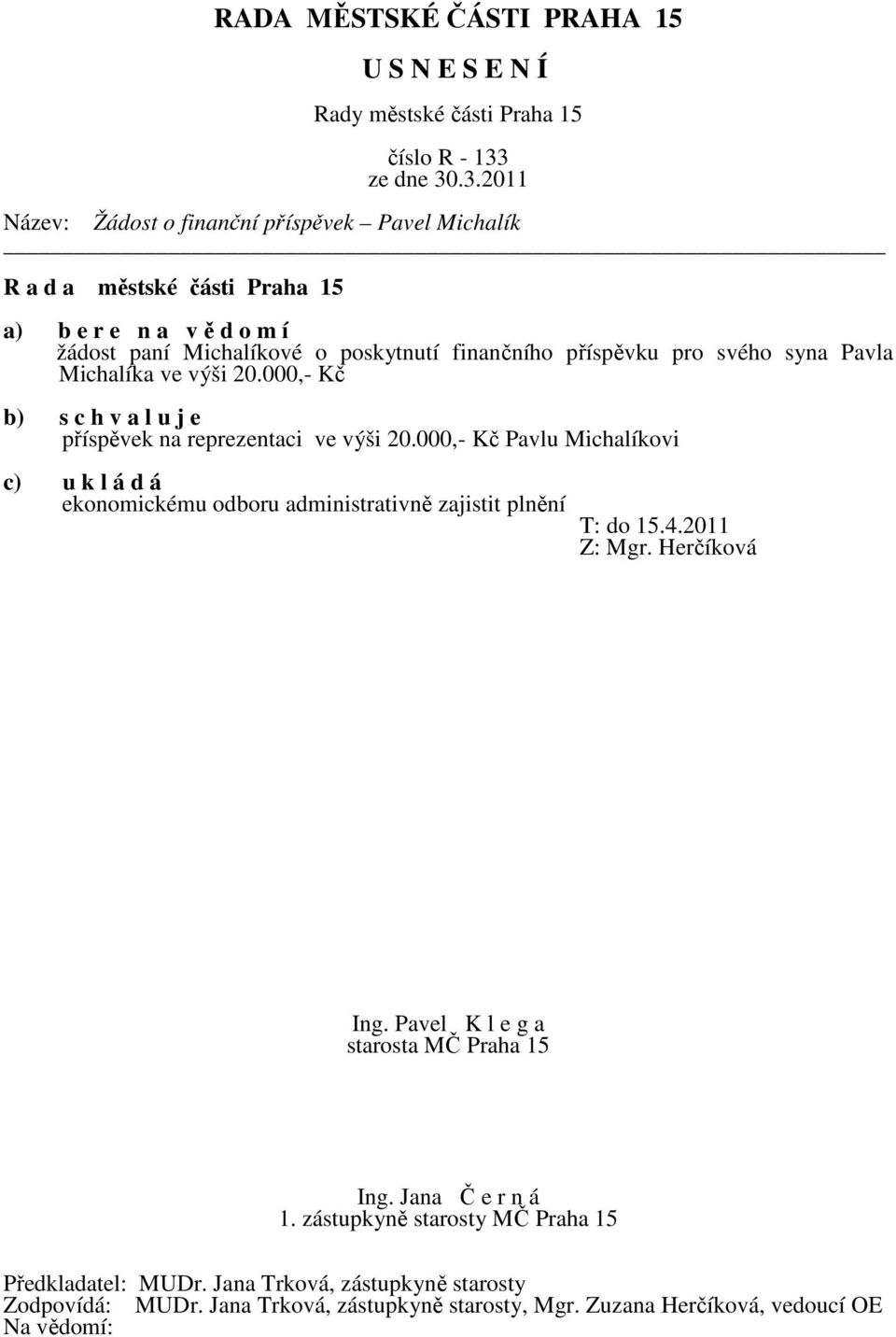 000,- Kč Pavlu Michalíkovi c) u k l á d á ekonomickému odboru administrativně zajistit plnění T: do 15.4.2011 Z: Mgr.