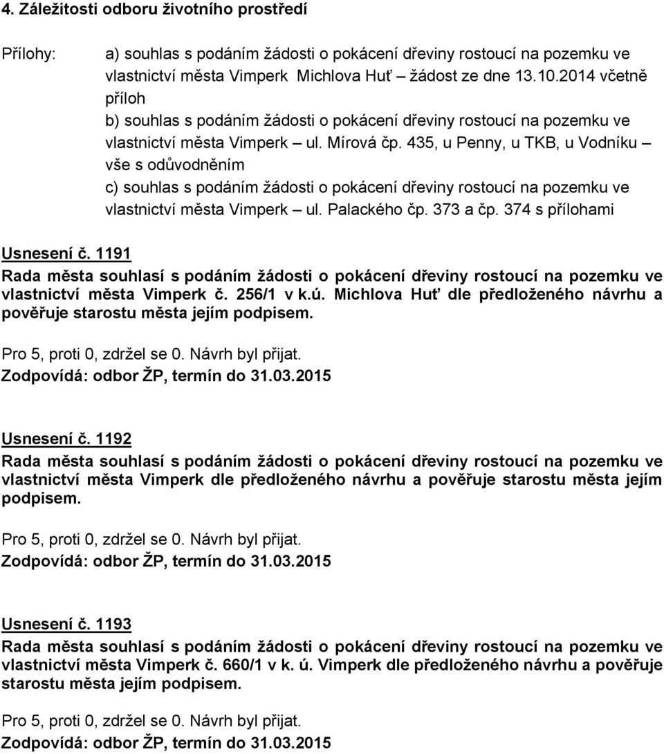 435, u Penny, u TKB, u Vodníku vše s odůvodněním c) souhlas s podáním žádosti o pokácení dřeviny rostoucí na pozemku ve vlastnictví města Vimperk ul. Palackého čp. 373 a čp.