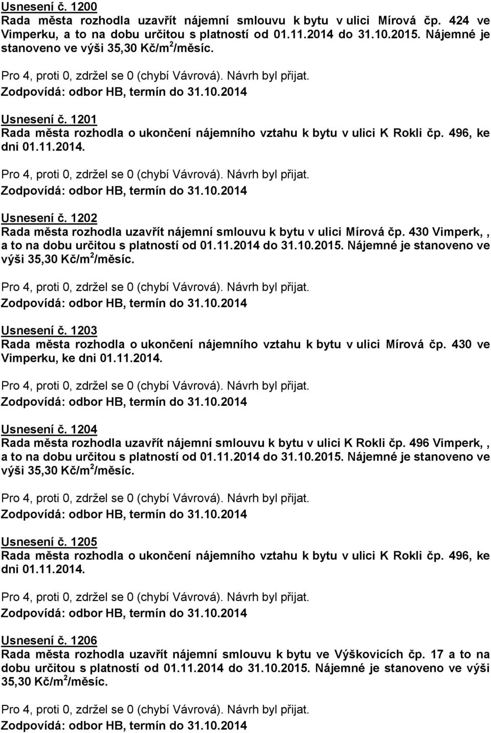 430 Vimperk,, a to na dobu určitou s platností od 01.11.2014 do 31.10.2015. Nájemné je stanoveno ve výši 35,30 Kč/m 2 /měsíc. Usnesení č.