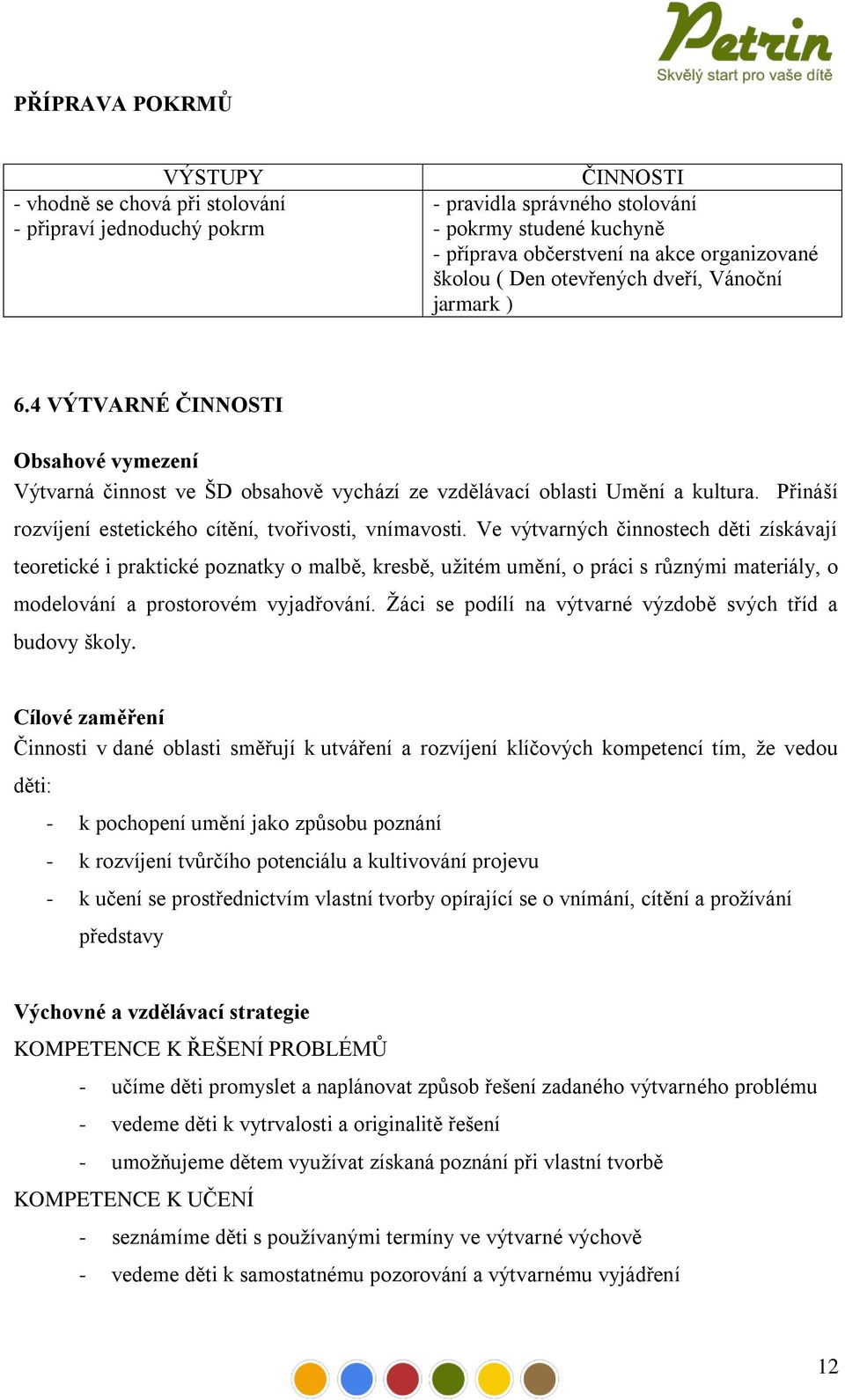 Ve výtvarných činnostech děti získávají teoretické i praktické poznatky o malbě, kresbě, užitém umění, o práci s různými materiály, o modelování a prostorovém vyjadřování.