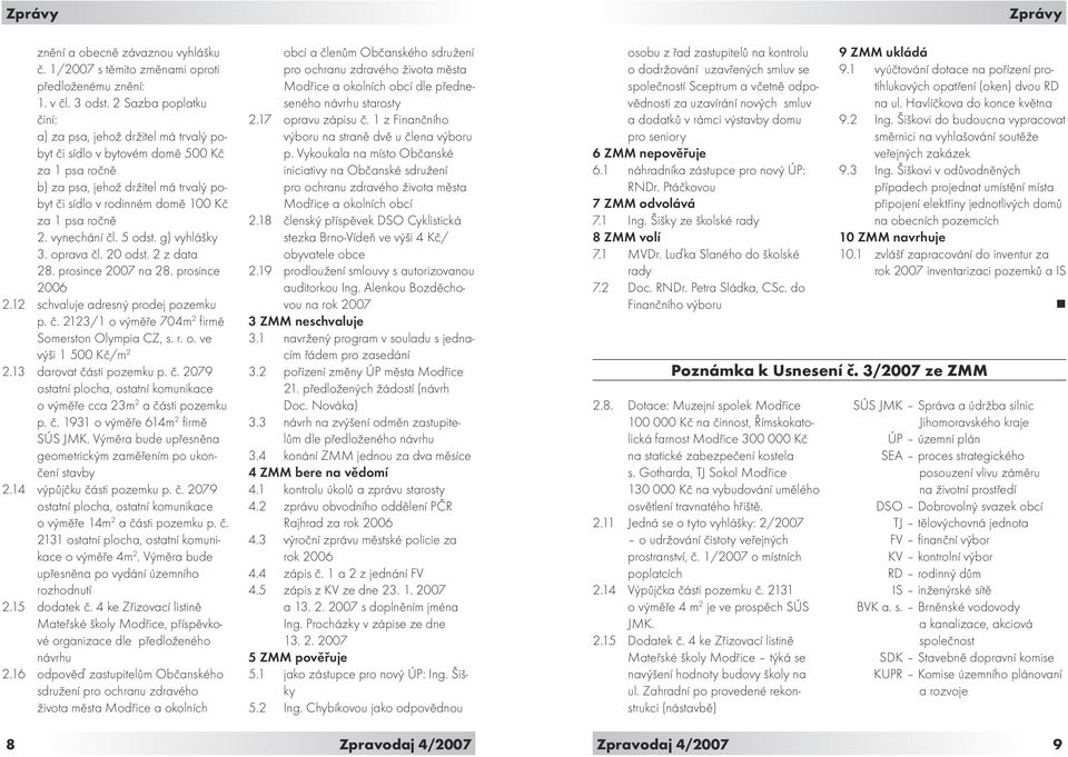 vynechání čl. 5 odst. g) vyhlášky 3. oprava čl. 20 odst. 2 z data 28. prosince 2007 na 28. prosince 2006 2.12 schvaluje adresný prodej pozemku p. č. 2123/1 o výměře 704m 2 firmě Somerston Olympia CZ, s.