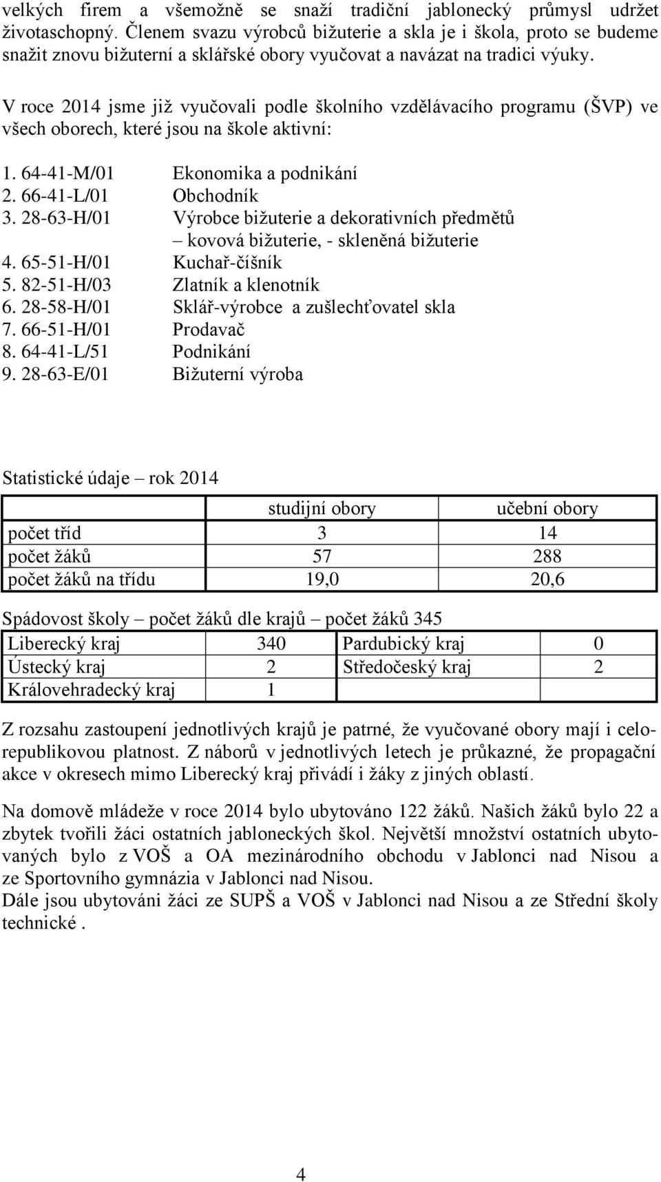 V roce 2014 jsme již vyučovali podle školního vzdělávacího programu (ŠVP) ve všech oborech, které jsou na škole aktivní: 1. 64-41-M/01 Ekonomika a podnikání 2. 66-41-L/01 Obchodník 3.