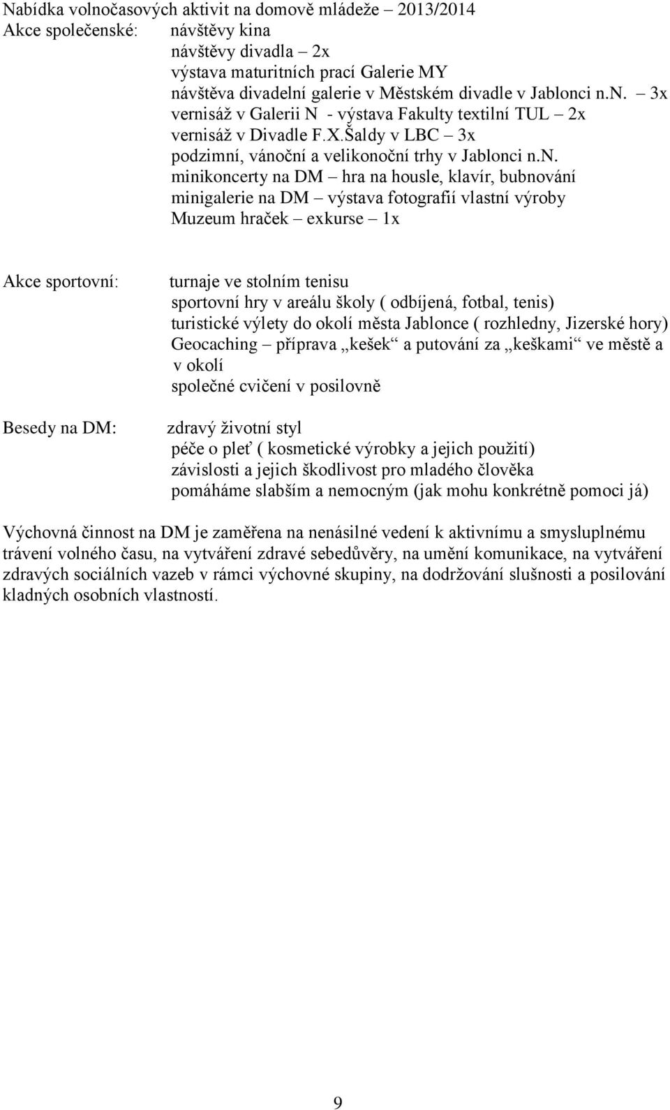 i n.n. 3x vernisáž v Galerii N - výstava Fakulty textilní TUL 2x vernisáž v Divadle F.X.Šaldy v LBC 3x podzimní, vánoční a velikonoční trhy v i n.n. minikoncerty na DM hra na housle, klavír,