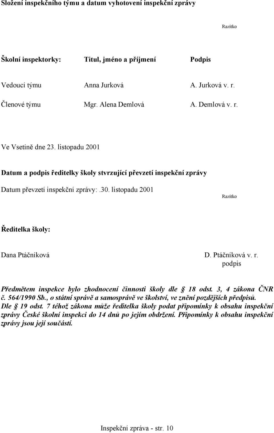 listopadu 2001 Razítko Ředitelka školy: Dana Ptáčníková D. Ptáčníková v. r. podpis Předmětem inspekce bylo zhodnocení činnosti školy dle 18 odst. 3, 4 zákona ČNR č. 564/1990 Sb.