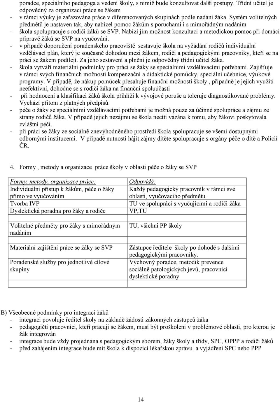 Systém volitelných předmětů je nastaven tak, aby nabízel pomoc ţákům s poruchami i s mimořádným nadáním - škola spolupracuje s rodiči ţáků se SVP.