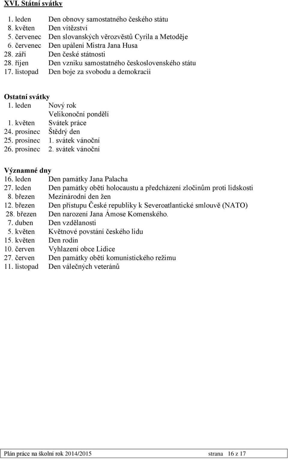 květen Svátek práce 24. prosinec Štědrý den 25. prosinec 1. svátek vánoční 26. prosinec 2. svátek vánoční Významné dny 16. leden Den památky Jana Palacha 27.