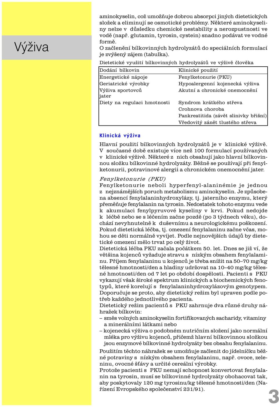 O zaèlenìní bílkovinných hydrolyzátù do speciálních formulací je zvýšený zájem (tabulka).