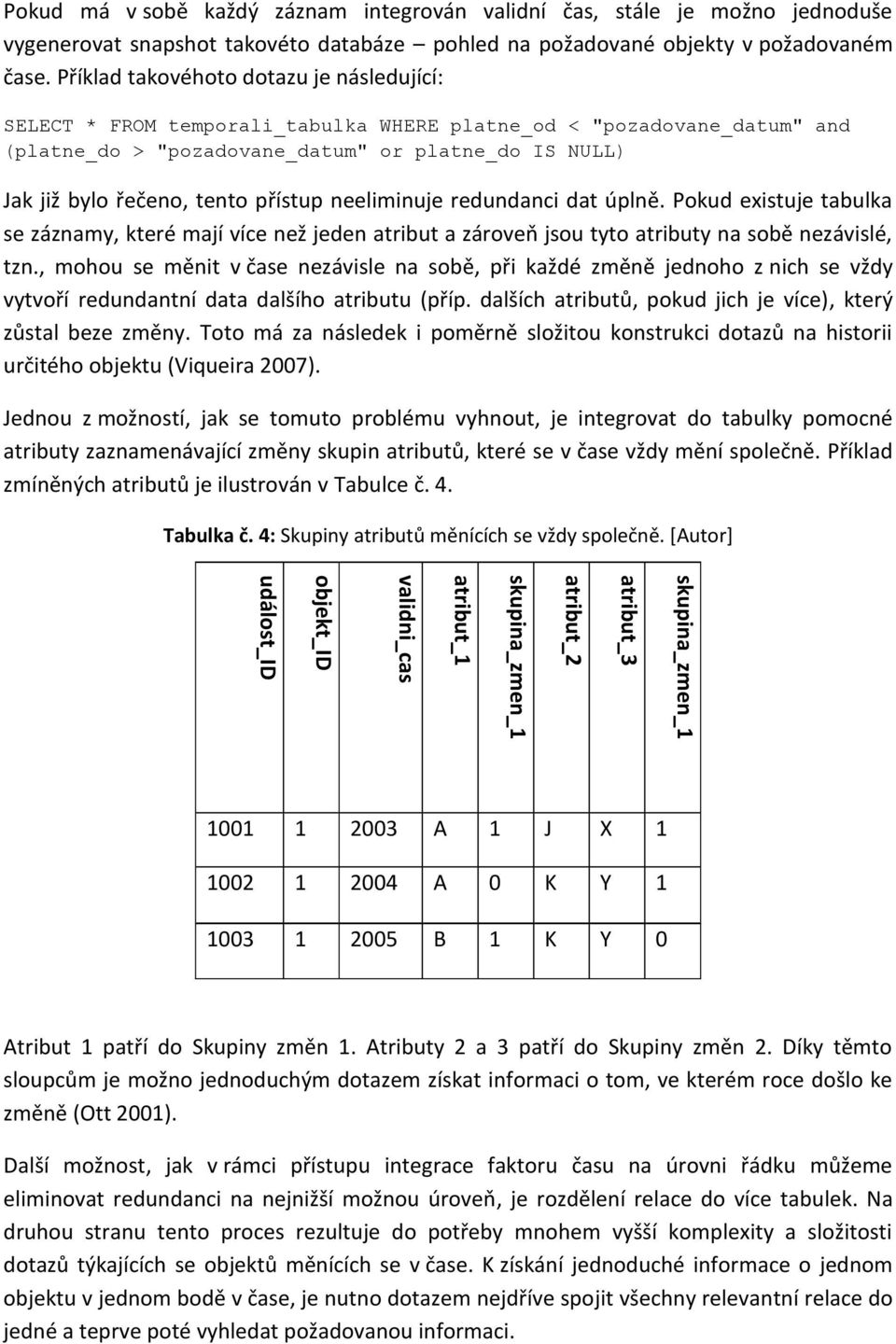 Příklad takovéhoto dotazu je následující: SELECT * FROM temporali_tabulka WHERE platne_od < "pozadovane_datum" and (platne_do > "pozadovane_datum" or platne_do IS NULL) Jak již bylo řečeno, tento