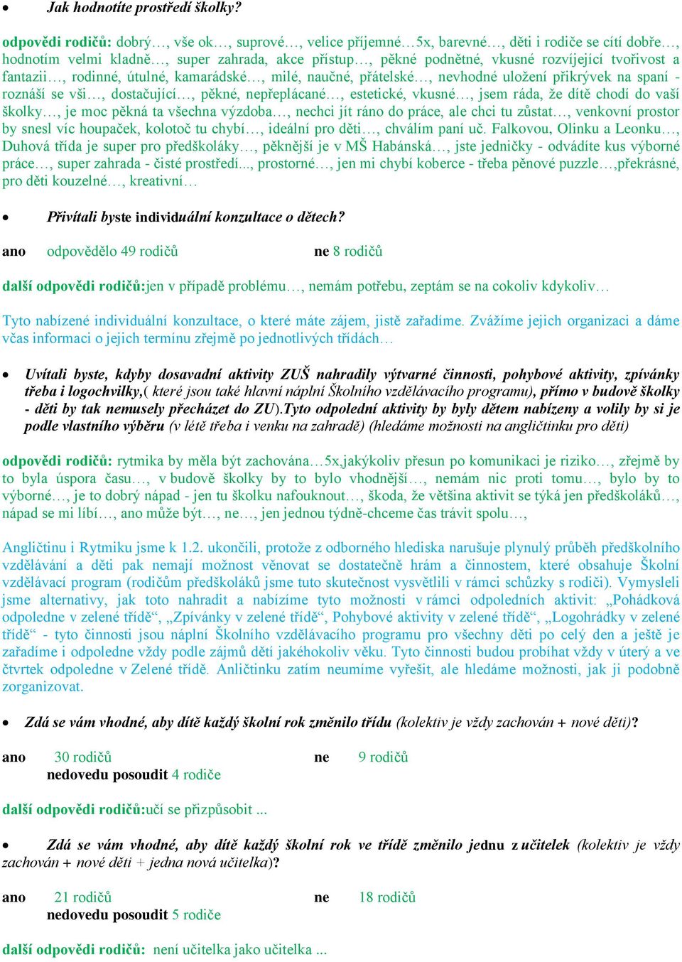 fantazii, rodinné, útulné, kamarádské, milé, naučné, přátelské, nevhodné uložení přikrývek na spaní - roznáší se vši, dostačující, pěkné, nepřeplácané, estetické, vkusné, jsem ráda, že dítě chodí do