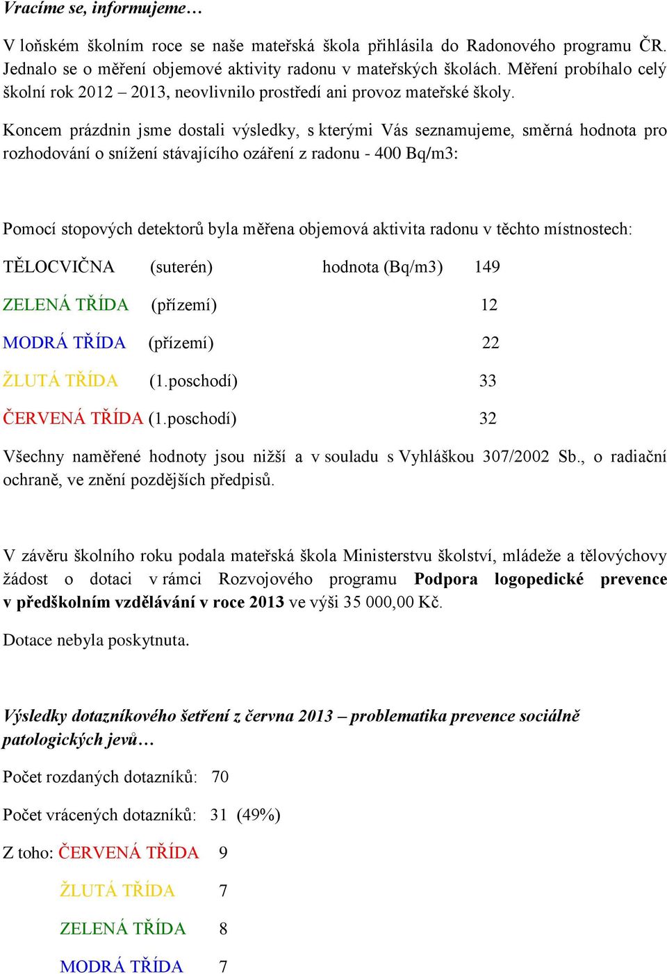 Koncem prázdnin jsme dostali výsledky, s kterými Vás seznamujeme, směrná hodnota pro rozhodování o snížení stávajícího ozáření z radonu - 400 Bq/m3: Pomocí stopových detektorů byla měřena objemová