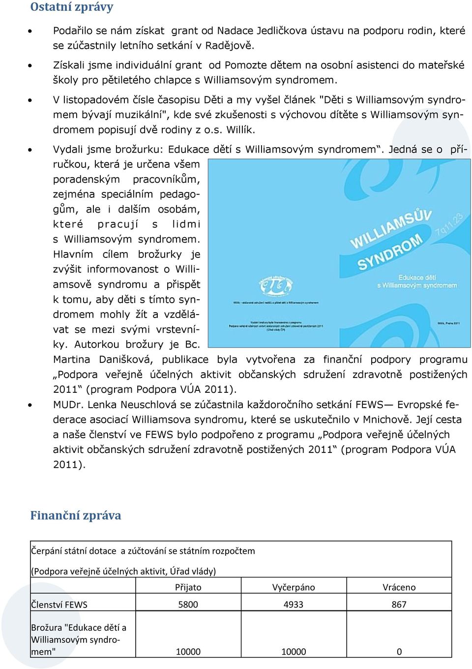 V listopadovém čísle časopisu Děti a my vyšel článek "Děti s Williamsovým syndromem bývají muzikální", kde své zkušenosti s výchovou dítěte s Williamsovým syndromem popisují dvě rodiny z o.s. Willík.