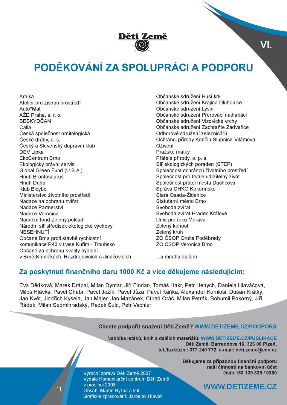 Calla Česká společnost ornitologická České dráhy, a. s. Český a Slovenský dopravní klub DEV Lipka EkoCentrum Brno Ekologický právní servis Global Green Fund (U.S.A.